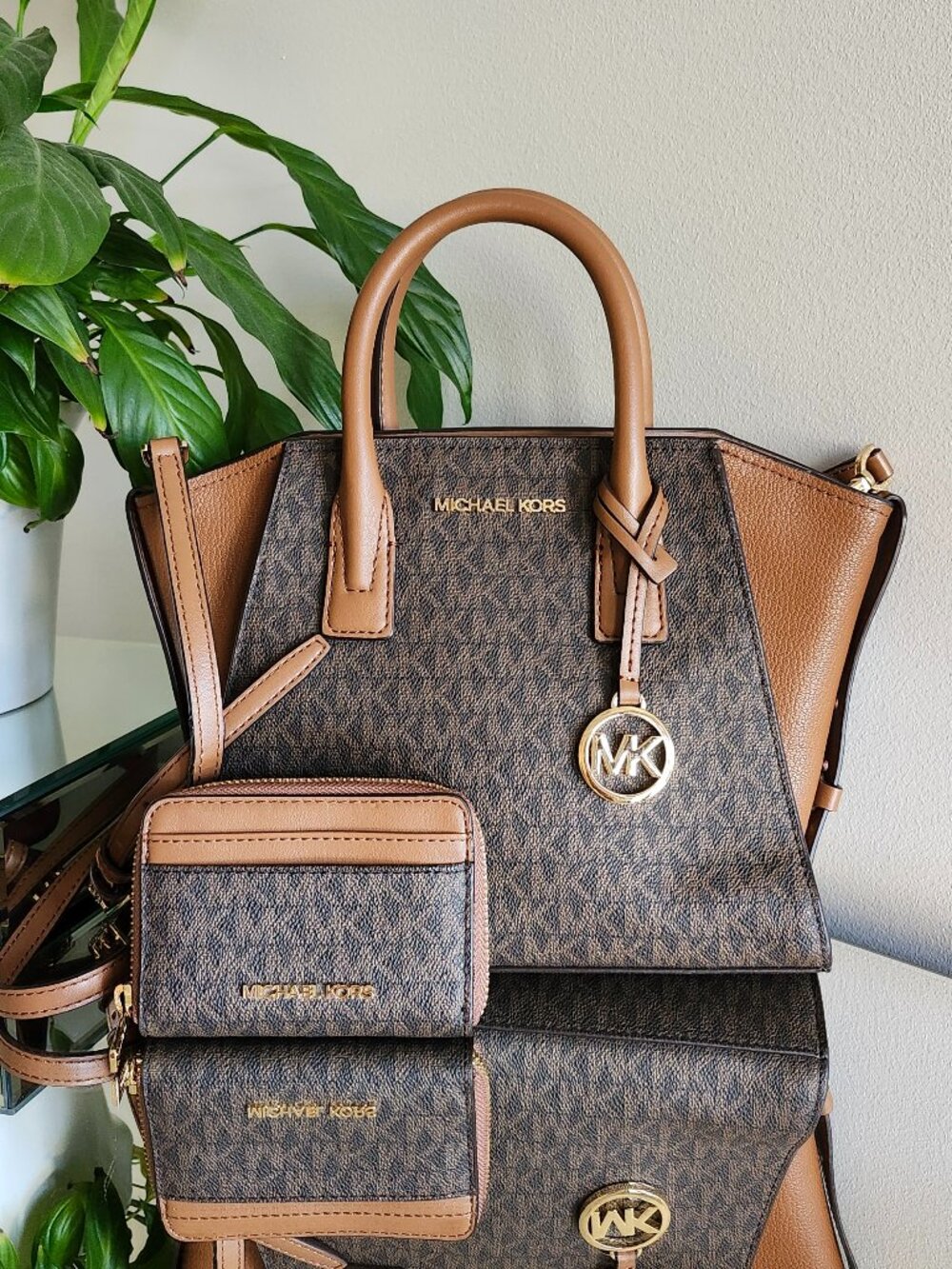 Michael Kors Avril Small Logo Satchel + Matching Wallet – Brown MK – NWOT